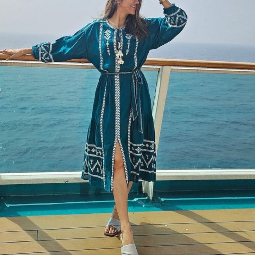 Zara Teal Embroidered Midi Dress